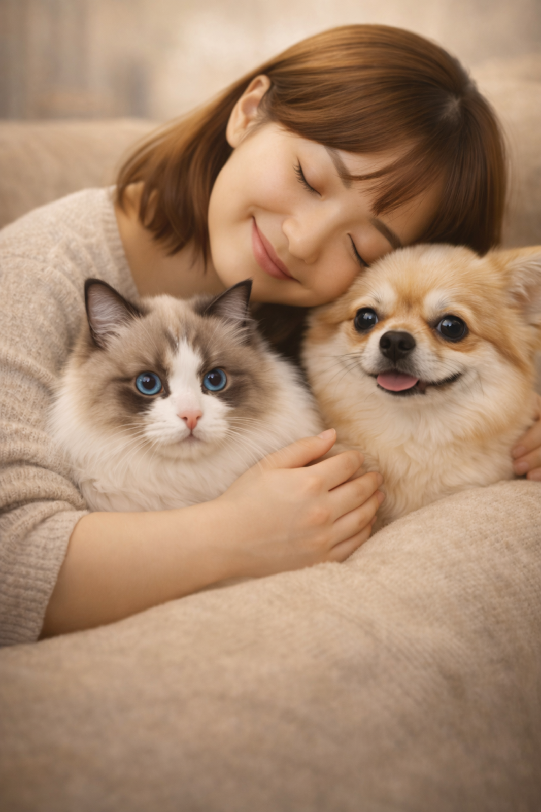 飼主與毛孩溫暖相擁的紀念照片